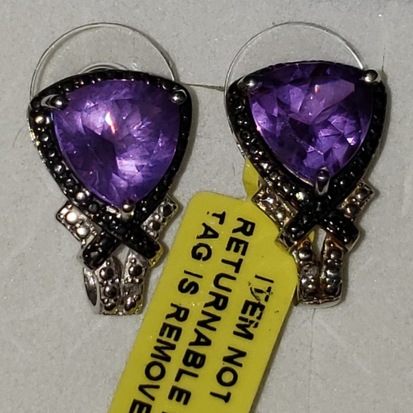 Lavender Alexite & Black Diamond J-Hoop Earrings, 925 Silver, TGW 6.28 Carats - Picture 3 of 7